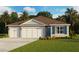 New construction home featuring a three-car garage, light-colored exterior, and dark blue front door with matching shutters at 1351 Morning Walk Dr, Ormond Beach, FL 32174