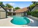 Inviting kidney-shaped pool, surrounded by a patio, set against the backdrop of a charming home exterior at 1742 Barcelona Way, Winter Park, FL 32789