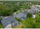Aerial view highlights a home with a backyard pool, screen enclosure, and proximity to a tranquil lake at 5108 Sailwind Cir, Orlando, FL 32810
