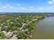 Gorgeous aerial view of a lakefront community featuring mature trees and beautiful waterfront homes with private docks at 996 Fairview Ave, Mount Dora, FL 32757