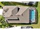 Birds eye view of home with backyard pool and screened-in enclosure, flanked by other homes at 2624 Daulby St, Kissimmee, FL 34747