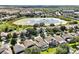 Aerial view of a residential area with homes, a pond, and lush greenery, showcasing the community and neighborhood at 2624 Daulby St, Kissimmee, FL 34747