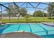 Clear view from screened-in pool area of backyard, fence, and manicured lawns in a residential neighborhood at 2624 Daulby St, Kissimmee, FL 34747