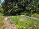 In-ground pool filled with grass and surrounded by overgrown landscaping at 2638 S Laurel Ave, Sanford, FL 32773