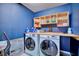 Well-organized laundry room with blue walls, Samsung washer/dryer, and wooden shelving at 5164 Chickadee St, St Cloud, FL 34771