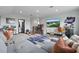 Spacious living room featuring hardwood floors, a modern couch, and a large flat-screen TV at 5427 Orange Orchard Dr, Winter Garden, FL 34787