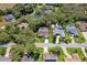 Wide aerial shot showcasing a residential neighborhood with mature trees and well-maintained homes, some with private pools at 1024 Destin Dr, Lake Wales, FL 33898