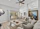 Inviting living room area featuring a large sofa and sliding glass doors to screened patio at 1024 Destin Dr, Lake Wales, FL 33898