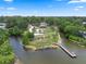 Aerial view of lakefront community featuring a long dock, clubhouse, and recreational area surrounded by trees at 103 Greenleaf Ln, Altamonte Springs, FL 32714