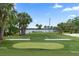 Well-maintained putting green with scenic lake views, framed by swaying palm trees for a tranquil golfing experience at 103 Greenleaf Ln, Altamonte Springs, FL 32714