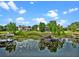Aerial view shows homes with docks by a lake with lilly pads and calm water on a sunny day at 13120 Zori Ln, Windermere, FL 34786