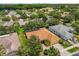 An aerial view of a single-Gathering home with a screened pool, lush landscaping, and a well-maintained lawn at 187 Tall Pines Pass, Kissimmee, FL 34759