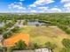 A lush green aerial view of a community park, lake, and baseball field on a sunny day at 10142 Hidden Dunes Ln, Orlando, FL 32832