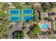 Aerial shot of four community tennis courts with a pool and clubhouse nearby at 11415 N Camden Commons Dr, Windermere, FL 34786