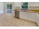 Bright kitchen with white cabinets and stainless steel dishwasher offering a view of the screened patio through sliding glass doors at 131 Pecan Pass, Ocala, FL 34472