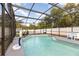 View of the screened pool, basketball court, and privacy fence in the backyard at 2117 Stone Abbey Blvd, Orlando, FL 32828
