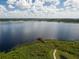Scenic aerial shot of a long wooden pier stretching into a calm blue lake, with lush green surroundings at 2842 Balforn Tower, Winter Garden, FL 34787