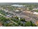 An aerial view showcases the property nestled among lush trees, near a picturesque lake, businesses, and a busy thoroughfare at 318 E Jersey St, Orlando, FL 32806