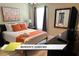 Cozy bedroom with a queen bed, decorative pillows, and a view reflected in the mirror creating a comfortable ambiance at 1466 Moon Valley Dr, Champions Gate, FL 33896