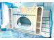 Bedroom with custom bunk beds with cubbies, stairs and blue snowflake rug at 1466 Moon Valley Dr, Champions Gate, FL 33896