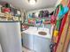 Laundry room featuring a washer, dryer, water heater, and storage racks with cleaning supplies at 5300 S Atlantic Ave # 6-502, New Smyrna Beach, FL 32169