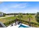 Inviting backyard with pool, outdoor seating, lush landscaping, and surrounding neighborhood views, perfect for relaxing at 300 Muirfield Loop, Reunion, FL 34747