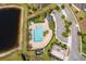 Overhead view of a community pool with a spa and covered seating area next to a pond at 11054 Cyrilla Woods Dr, Orlando, FL 32832