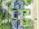 Aerial shot of homes with solar panels and screened-in pools, situated in a residential neighborhood with manicured lawns at 13505 Phoenix Dr, Orlando, FL 32828