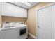 Laundry room featuring modern washer and dryer, cabinets for storage, and a door at 2074 S Parkton Dr, Deltona, FL 32725
