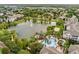 Scenic aerial view of the community lake with fountain, pool, and surrounding lush greenery at 4474 Enders St, Orlando, FL 32814