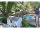 A backyard showcasing the pool, Tiki Hut, shed, fence, and trees at 2623 Gables Dr, Eustis, FL 32726