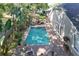 Aerial view of the pristine pool, patio, and tropical landscaping in the backyard at 2623 Gables Dr, Eustis, FL 32726