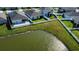 Aerial view of the property showcases a lakefront setting with a well-manicured backyard and surrounding residences at 542 Pine Tree Bridge Trl, St Cloud, FL 34772