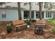 Inviting backyard featuring two wooden benches, a fire pit, and lush plants, creating a cozy outdoor retreat at 4201 Old Trafford Way, Orlando, FL 32810