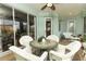 The screened patio features tile flooring, wicker furniture and a ceiling fan at 4201 Old Trafford Way, Orlando, FL 32810