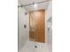 Modern shower features wood tile accent wall, glass door, and white tile at 4804 Oakbrooke Pl, Orlando, FL 32812