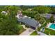 Stunning aerial view of a gray single-story home surrounded by lush landscaping, a brick driveway, and a sparkling pool at 1245 Munster St, Orlando, FL 32803