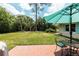 Spacious backyard with brick patio, mature trees, manicured lawn, and outdoor seating area at 2001 Lily Ct, Sanford, FL 32771
