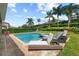 Serene backyard pool area with lounge chairs, privacy landscaping, and views of palm trees at 341 Falls Dr, Kissimmee, FL 34747