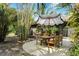 Inviting outdoor patio area with a rustic wooden table set under a stylish umbrella, surrounded by lush greenery at 1200 Auger Dr, New Smyrna Beach, FL 32168