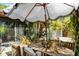Outdoor dining area with an umbrella over a wooden table, surrounded by tropical landscaping in a tranquil setting at 1200 Auger Dr, New Smyrna Beach, FL 32168