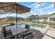 Inviting screened pool area with a dining table and lounge chairs at 7760 Indian Ridge N Trl, Kissimmee, FL 34747
