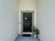 Welcoming front entrance with a sleek black door, decorative plants, and neutral wall accents at 1061 Suffragatte Cir, Haines City, FL 33844