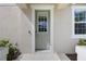 Up close exterior view of a light green front door with a window, set within a white frame at 11944 Sunsail Ave, Orlando, FL 32832
