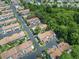 Expansive aerial shot showcasing the townhouse complex, nestled among mature trees with ample parking and green spaces at 170 Lago Vista Blvd, Casselberry, FL 32707