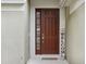 Close-up of a brown front door with sidelight and a decorative 