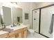 Well-lit bathroom featuring wooden cabinets, a modern shower, and a decorative mirror at 5089 Meadow Song Dr, Okahumpka, FL 34762