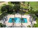 An aerial view showcases a palm-lined pool surrounded by lush landscaping and golf course views at 812 Driving Range Ct, Reunion, FL 34747