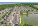 Aerial view of colorful townhomes near a lake, showcasing the neighborhood's serene environment and community pool at 1027 Cedar Bay Ln, Winter Springs, FL 32708