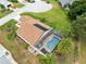 Aerial view of the home highlighting the screened pool, large yard, and neighborhood at 25409 Waterbrook Ct, Leesburg, FL 34748